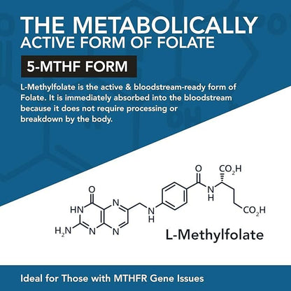 L Methylfolate 7.5mg + Methyl B12 (5-MTHF) - MTHFR Supplement - Bloodstream Ready Folate + B12 Cofactor - 60 Capsules