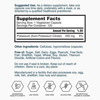 Nature's Lab Gold Potassium Citrate - Nerve, Muscle & Heart Health Support | 250mg Potassium Citrate, 120 Capsules (120 Day Supply)