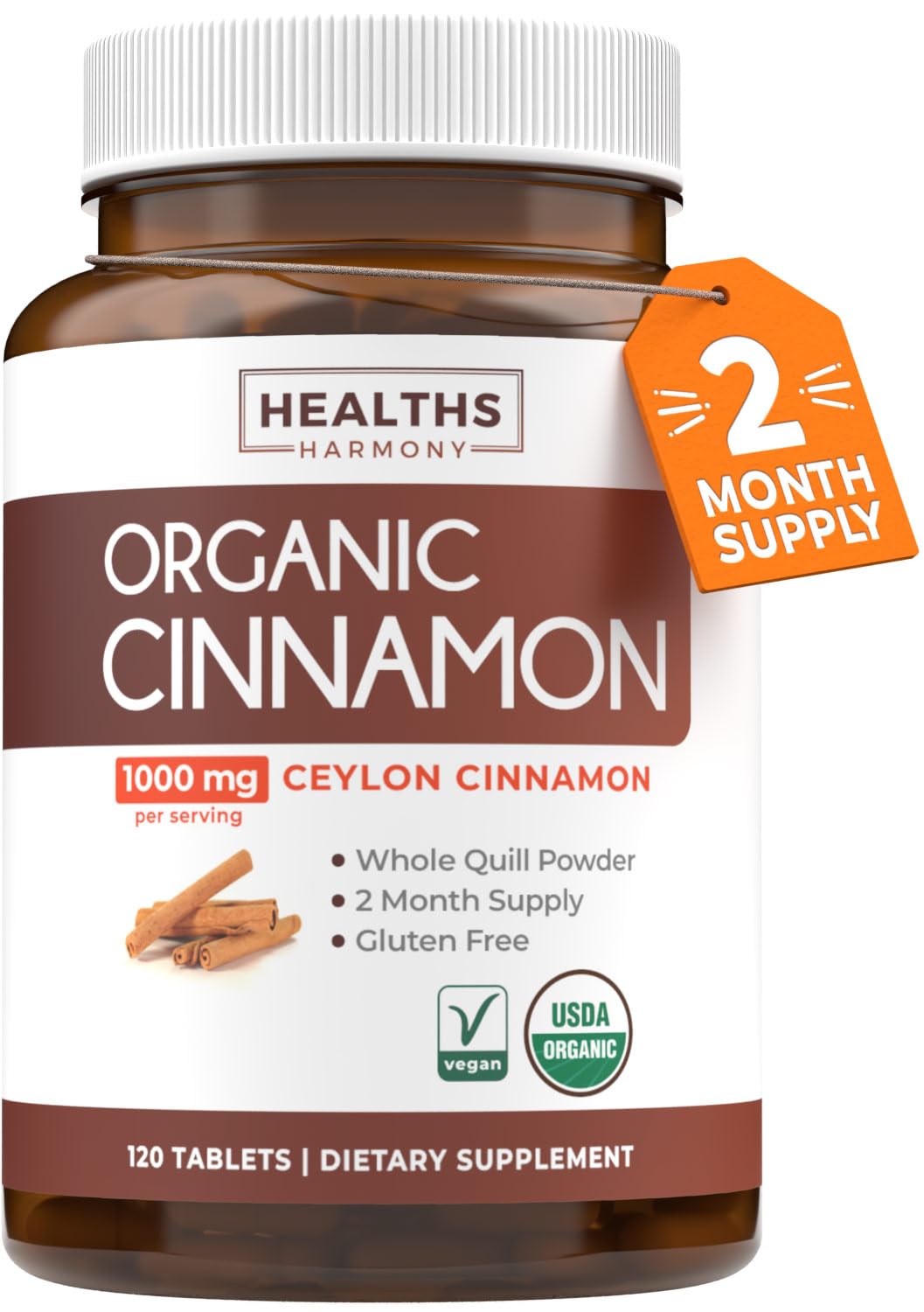 USDA Organic Ceylon Cinnamon Pills - 1000mg per Serving, 120 Veggie Capsules | Full Body Antioxidant Support | Vegan & Non-GMO (2 Months Supply)