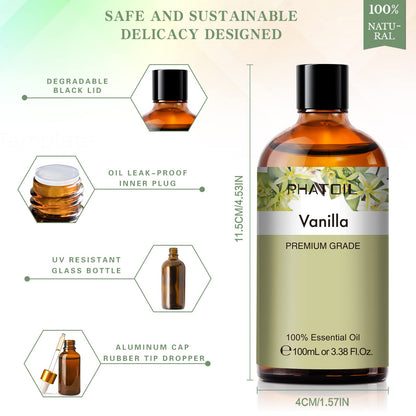 PHATOIL Vanilla Essential Oil 100ML (3.38oz) – Pure Aromatherapy for Diffusers, Candles
