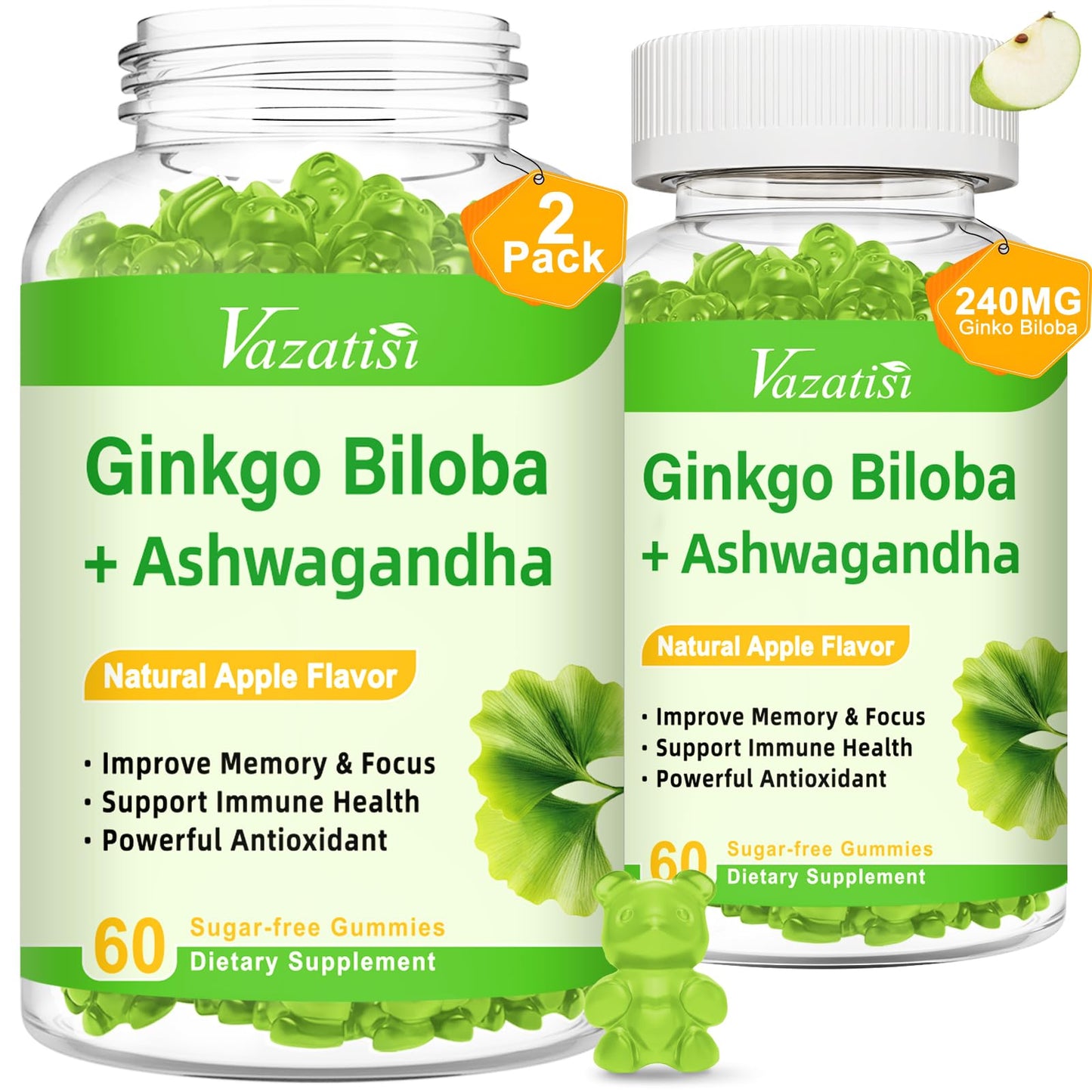 Vazatisi 2 Pack Ginkgo Biloba Gummies 240MG with Panax Ginseng – Mood, Focus & Brain Health (Apple Flavor)