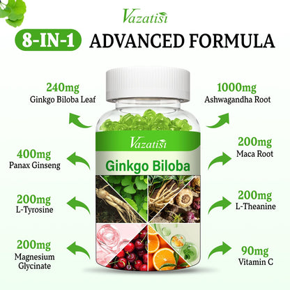 Vazatisi 2 Pack Ginkgo Biloba Gummies 240MG with Panax Ginseng – Mood, Focus & Brain Health (Apple Flavor)