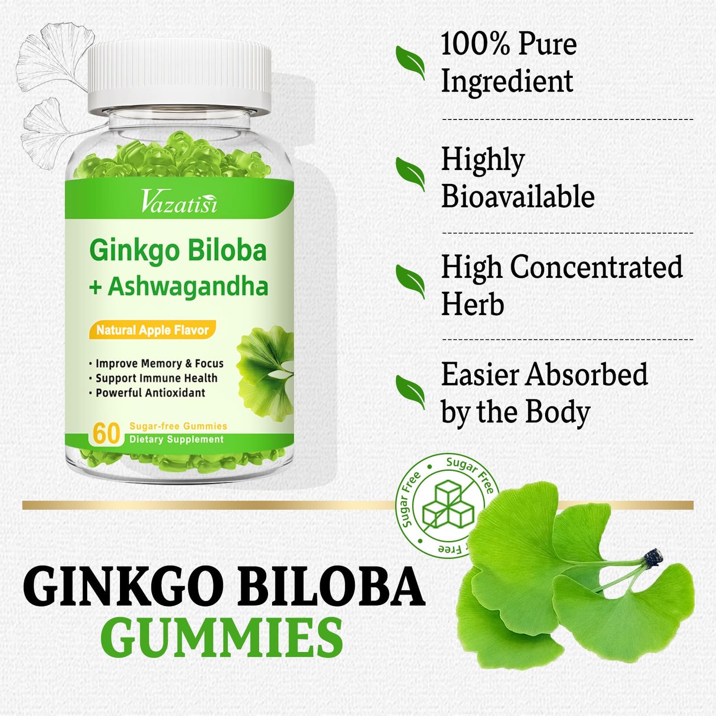 Vazatisi 2 Pack Ginkgo Biloba Gummies 240MG with Panax Ginseng – Mood, Focus & Brain Health (Apple Flavor)
