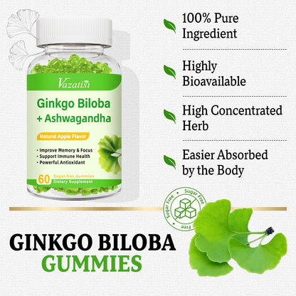 Vazatisi 2 Pack Ginkgo Biloba Gummies 240MG with Panax Ginseng – Mood, Focus & Brain Health (Apple Flavor)