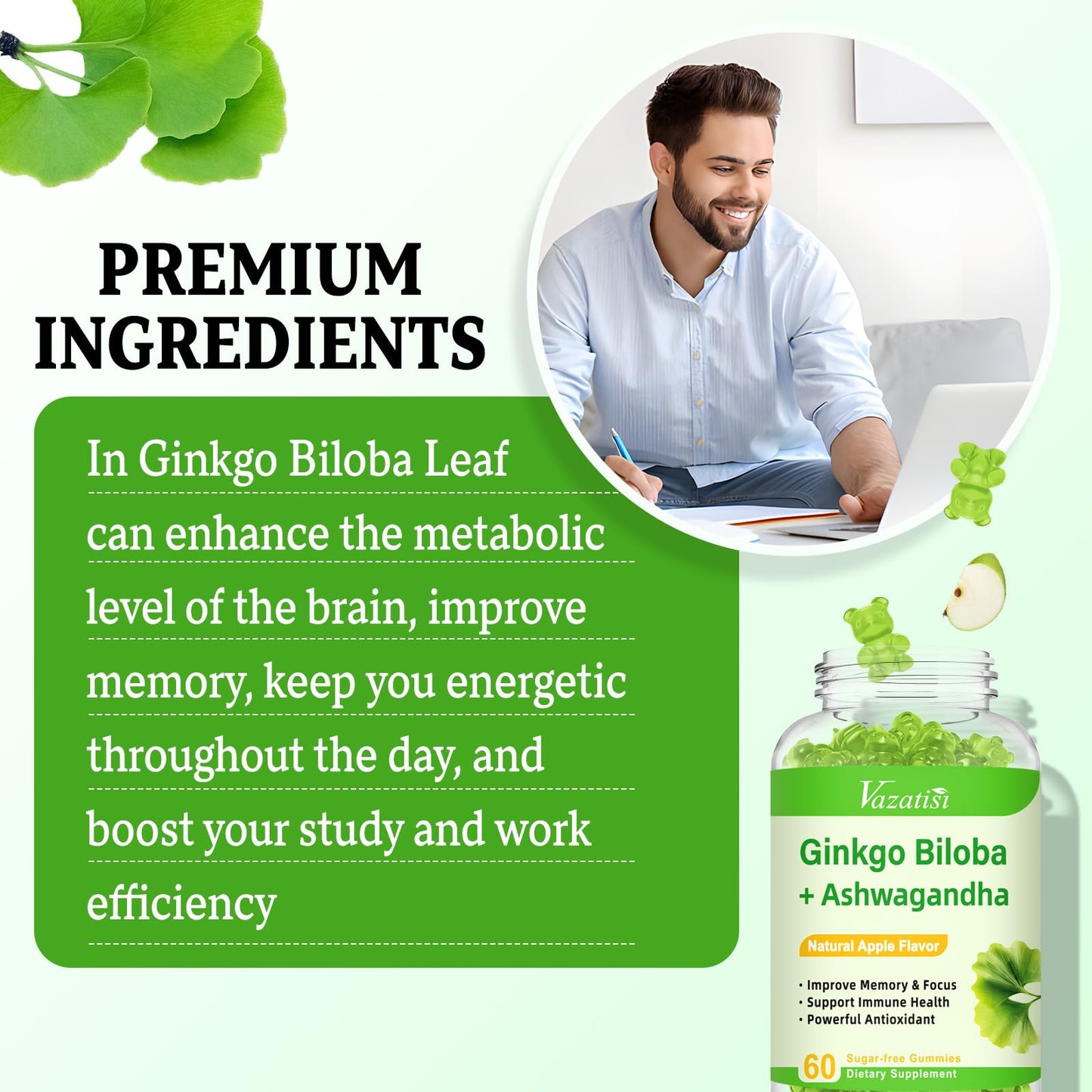 Vazatisi 2 Pack Ginkgo Biloba Gummies 240MG with Panax Ginseng – Mood, Focus & Brain Health (Apple Flavor)