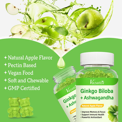 Vazatisi 2 Pack Ginkgo Biloba Gummies 240MG with Panax Ginseng – Mood, Focus & Brain Health (Apple Flavor)