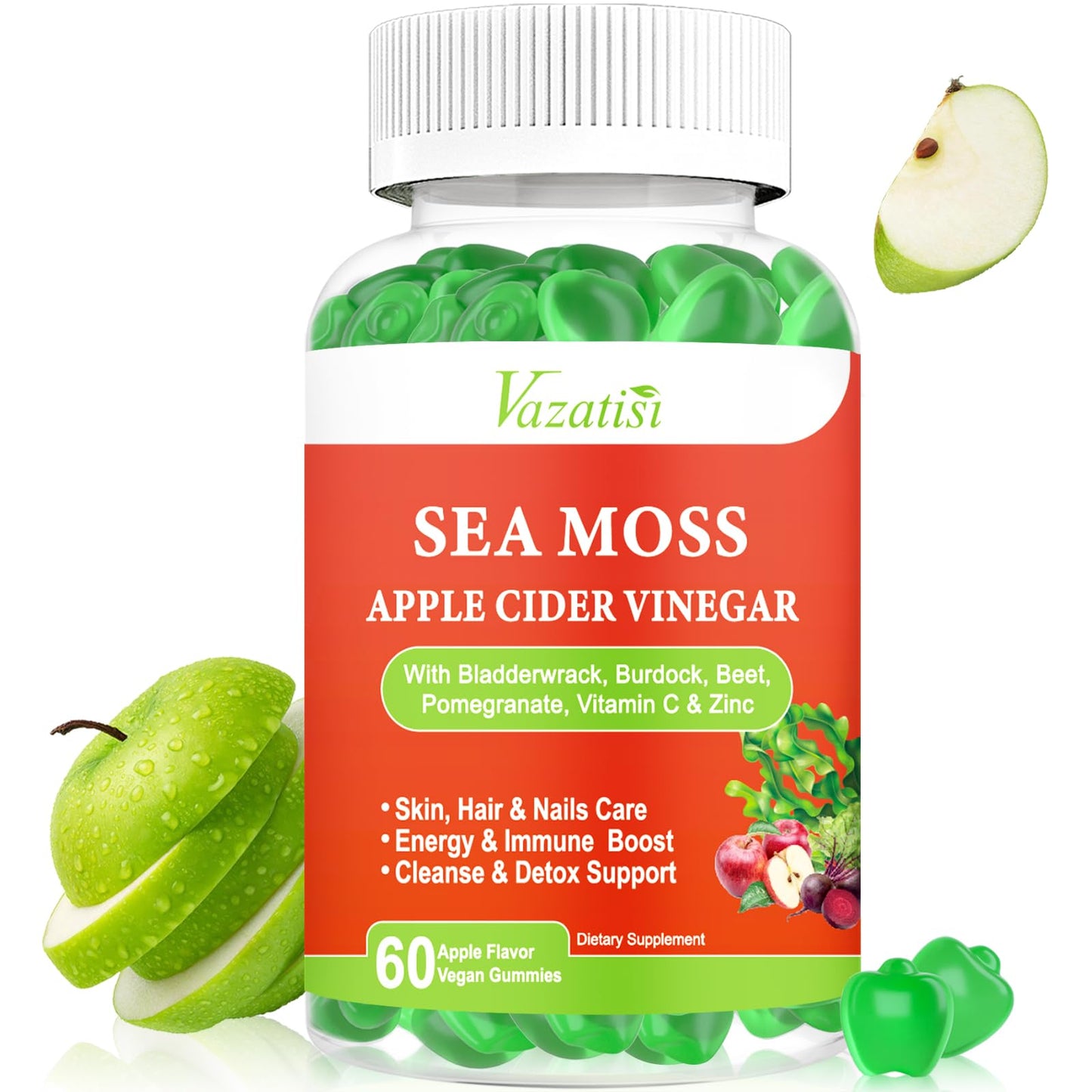 Vazatisi Apple Cider Vinegar Gummies with Sea Moss – Metabolism, Digestion, Detox & Immunity | Apple Flavor 60 Count