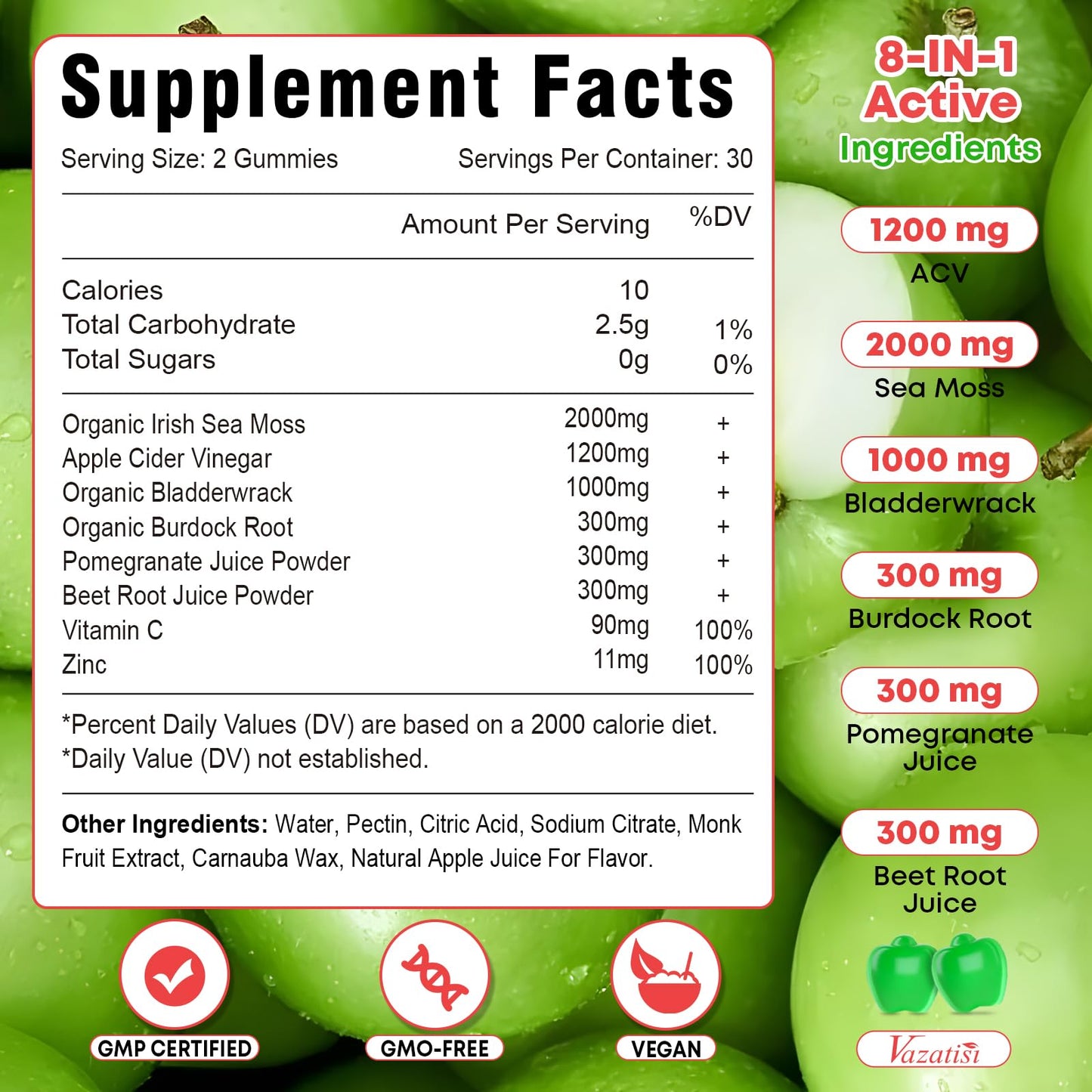 Vazatisi Apple Cider Vinegar Gummies with Sea Moss – Metabolism, Digestion, Detox & Immunity | Apple Flavor 60 Count