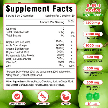 Vazatisi Apple Cider Vinegar Gummies with Sea Moss – Metabolism, Digestion, Detox & Immunity | Apple Flavor 60 Count