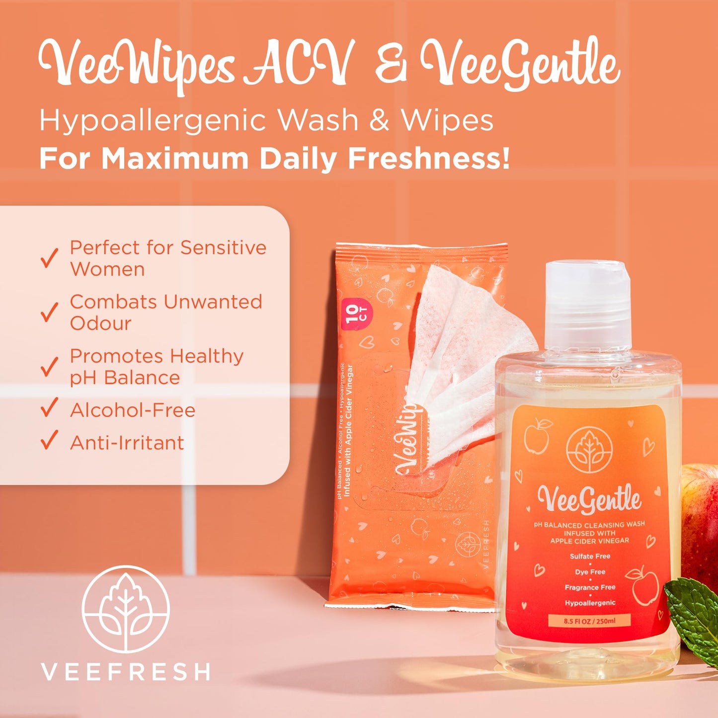 VeeFresh VeeDaily & VeeWipes ACV Bundle | Apple Cider Vinegar Feminine Wash for Sensitive Vee