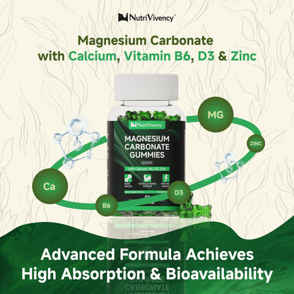 Magnesium Carbonate Gummies 500mg – Vegan, Sugar Free, Green Apple Flavor | Calcium, B6, D3 & Zinc | 30 Servings