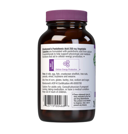 BlueBonnet Pantothenic Acid 250 mg – Vitamin B5 for Cellular Energy | Vegan & Gluten-Free