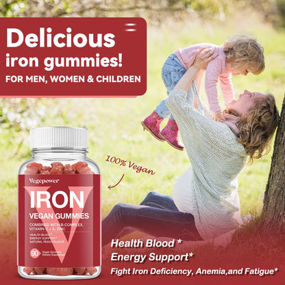 VEGEPOWER Vegan Iron Gummies – Peach Flavor (2 Packs) | Iron, Vitamin C/A/B/Zinc