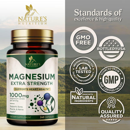 Magnesium 1000 mg Citrate - High Potency Mineral Support (Bone, Heart, Nerves & Muscles) - 240 Capsules