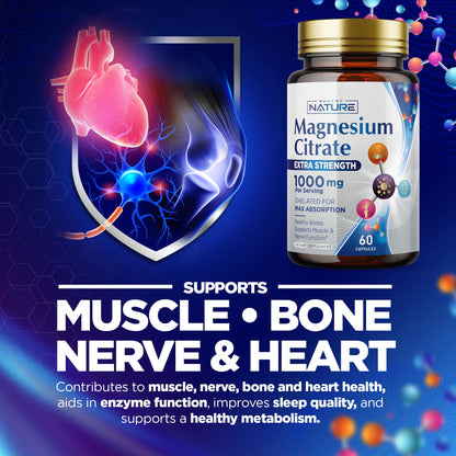 Magnesium Citrate 1000mg - Max Absorption & High Potency Magnesium Complex Supplement for Heart, Muscle, Nerve, Bone Health & Stress Relief - Non-GMO, Gluten-Free - 60 Vegan Capsules