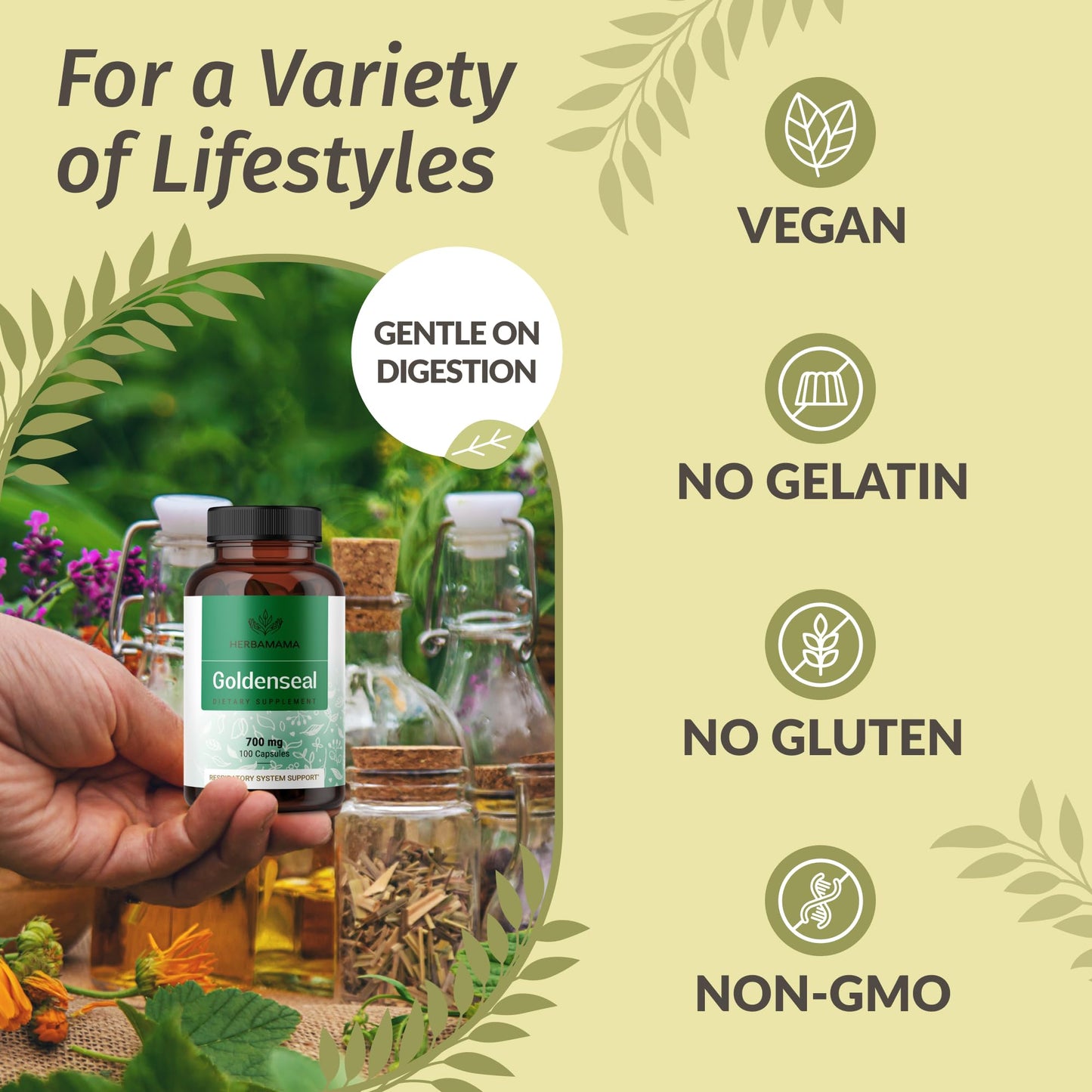 Goldenseal Root Capsules 700mg - Immune & Respiratory Support | Vegan, Non-GMO | Herbamama