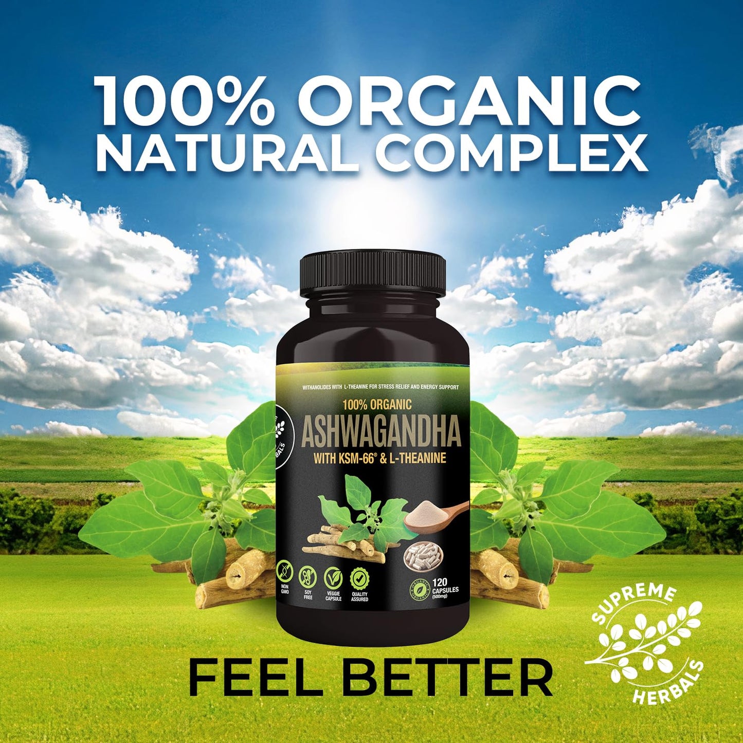 SUPREME HERBALS Organic Ashwagandha Capsules 500 mg with KSM-66® & L-Theanine – 120 Veggie Capsules