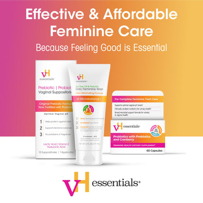 vH essentials Prebiotic pH Balanced Vaginal Suppositories, 15 Count – Odor & pH Support