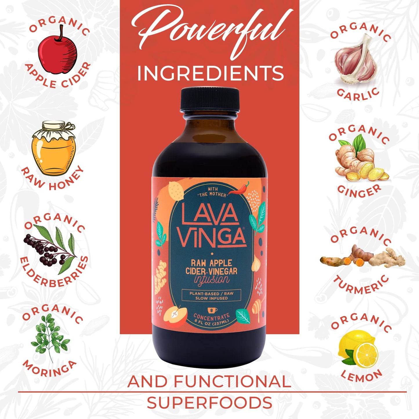 VINGA Lava Raw Apple Cider Vinegar with Moringa – 8 oz | Immune Support