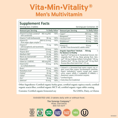 PURE SYNERGY Vita-Min-Vitality | Natural Men’s Multivitamin with Organic Whole Foods | Energy, Stress & Immune Support (60 Tablets)