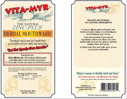 3 Pack VITA-MYR 16 oz Herbal Zinc-Plus Mouthwash – Gluten Free & Vegan, No SLS, No Sugar, No Fluoride, No Alcohol, No Saccharin