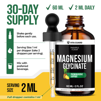 Vita Guard Magnesium Glycinate 500mg Liquid Drops – Fast-Absorbing Mg for Sleep, Stress Relief & Muscle Cramps | Sugar-Free, Vegan