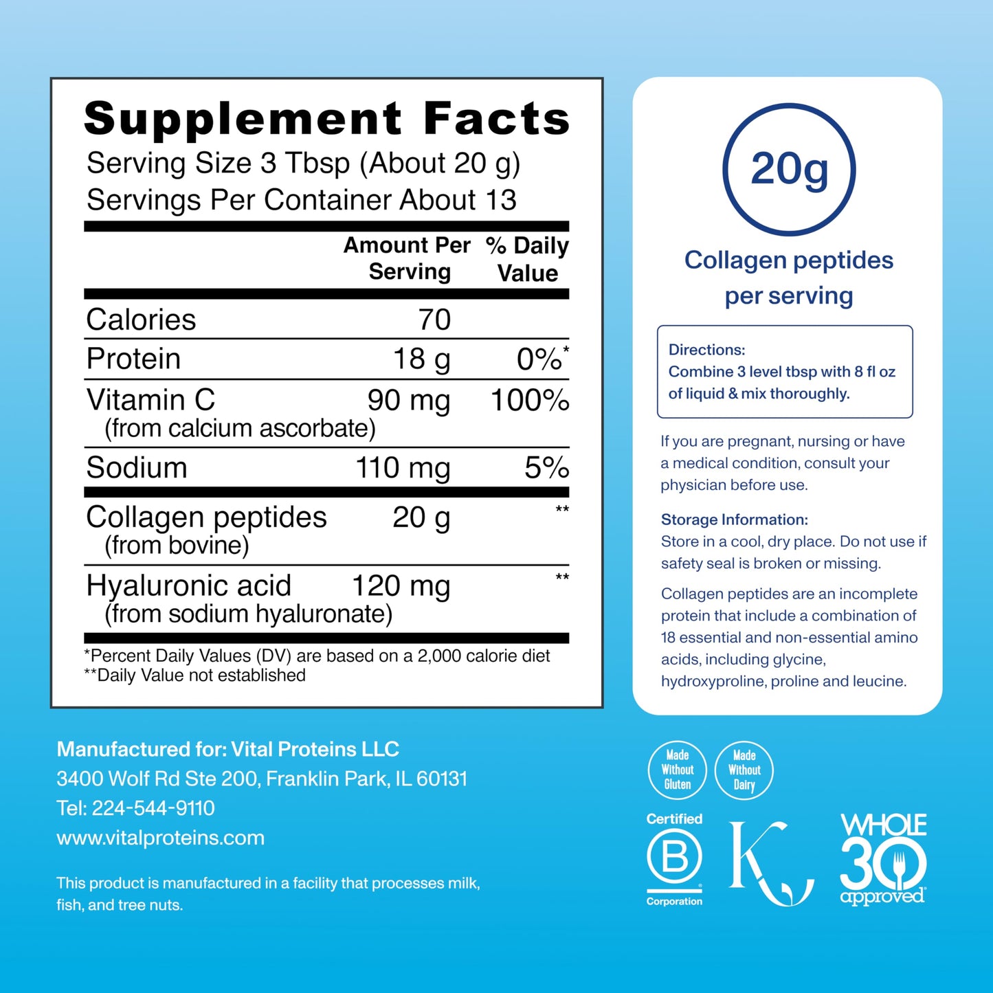 Vital Proteins Collagen Peptides Powder with Hyaluronic Acid & Vitamin C - Unflavored, 13 Servings