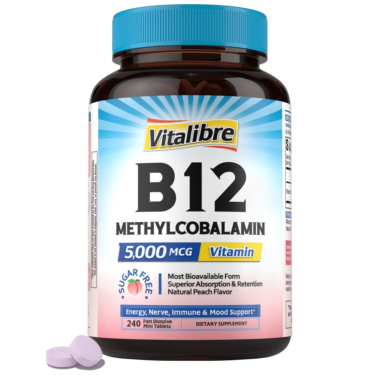 Vitalibre Vitamin B12 Sublingual 5000 mcg – Vegan Methylcobalamin, Peach
