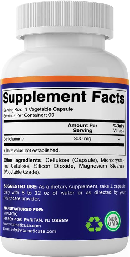 Vitamatic Benfotiamine 300 mg – Fat-Soluble Vitamin B1 – 180 Vegetarian Capsules (2 Bottles)