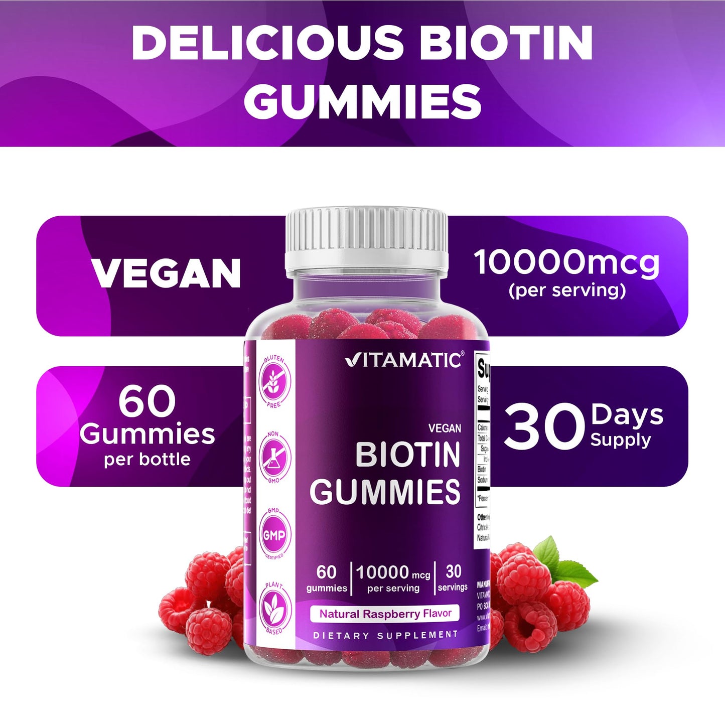 Vitamatic Biotin Gummies 10,000 mcg – 60 Vegan Gummies | Vitamin B7 for Hair, Skin & Nails