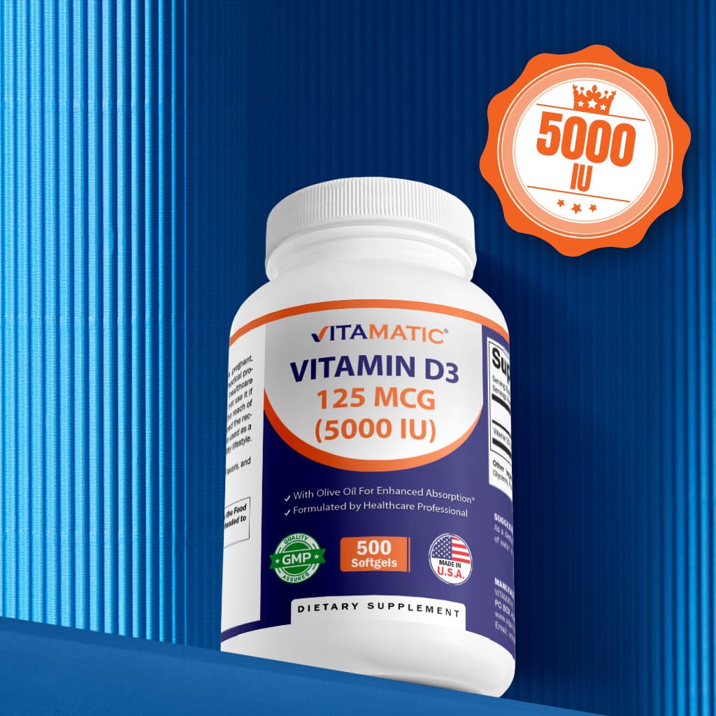 Vitamatic Vitamin D3 5000 IU (125 mcg) – 500 Softgels Olive Oil-Based Formula