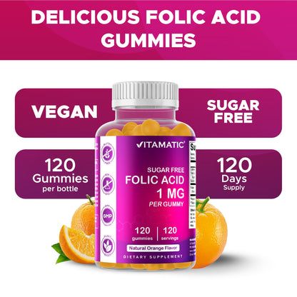 Vitamatic Folic Acid Gummies 1000 mcg – Prenatal Vitamin B9 for Mom & Baby | Vegan 120 Gummies