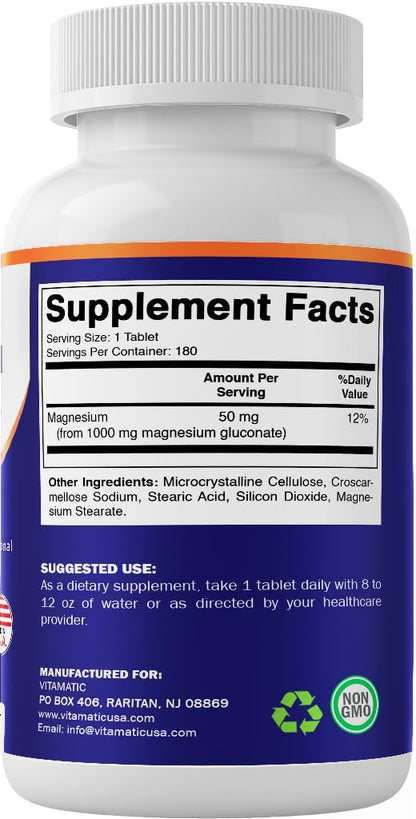 Vitamatic Magnesium Gluconate 1000 mg - 180 Vegetarian Tablets (Uncoated) - Supports Muscle, Nerve, and Heart Health*