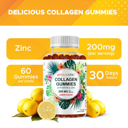 Vitamatic Hydrolyzed Collagen Gummies with Vitamin C, Zinc & Biotin – Healthy Skin Support, 60 Gummies