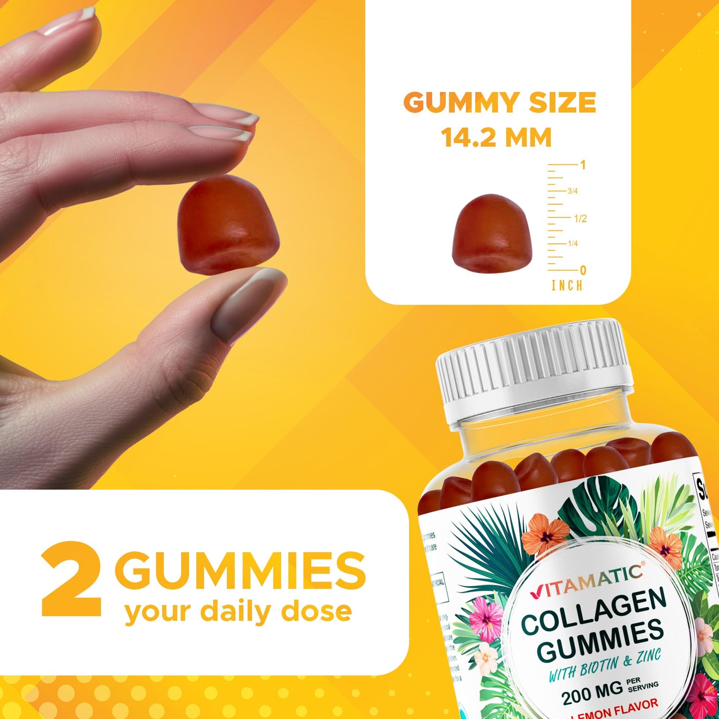 Vitamatic Hydrolyzed Collagen Gummies with Vitamin C, Zinc & Biotin – Healthy Skin Support, 60 Gummies