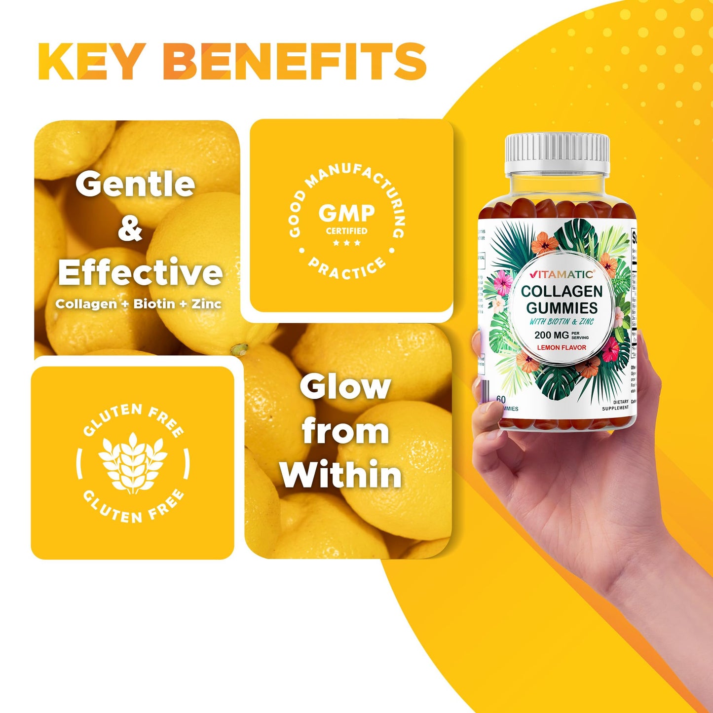 Vitamatic Hydrolyzed Collagen Gummies with Vitamin C, Zinc & Biotin – Healthy Skin Support, 60 Gummies