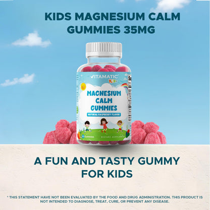 Vitamatic Kids Magnesium Calm Gummies - 60-Count Vegan, Raspberry Flavor | Muscle, Bone & Energy Support