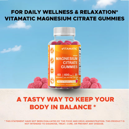 Vitamatic Magnesium Gummies 600mg per Serving – 60 Vegan Gummies – Relaxation, Muscle, Bone & Energy Support – 3 Pack