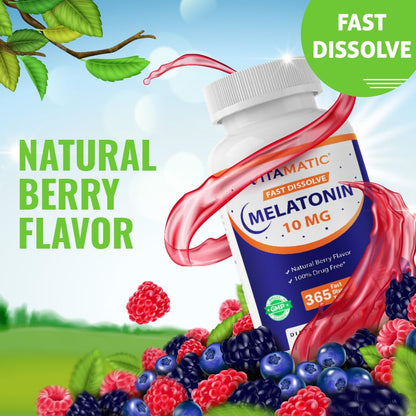 Vitamatic Melatonin 10 mg Tablets - 1-Year Supply | Berry Flavor | Vegetarian