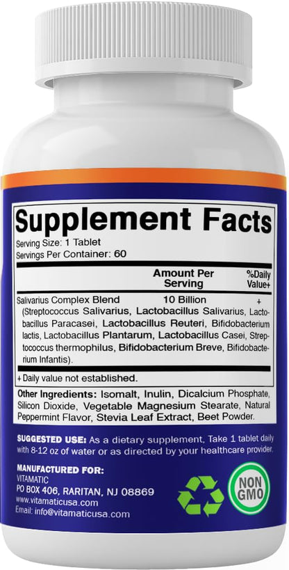 Vitamatic Salivarius Complex - 10 Billion Chewable Mint Probiotics + Prebiotics, 60 Count (Pack of 2)