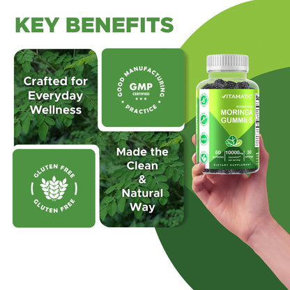 Vitamatic Sugar Free Moringa Gummies – 10,000 mg Equivalent per Serving (50:1 Extract) – 60 Vegan Gummies (Pack of 2)