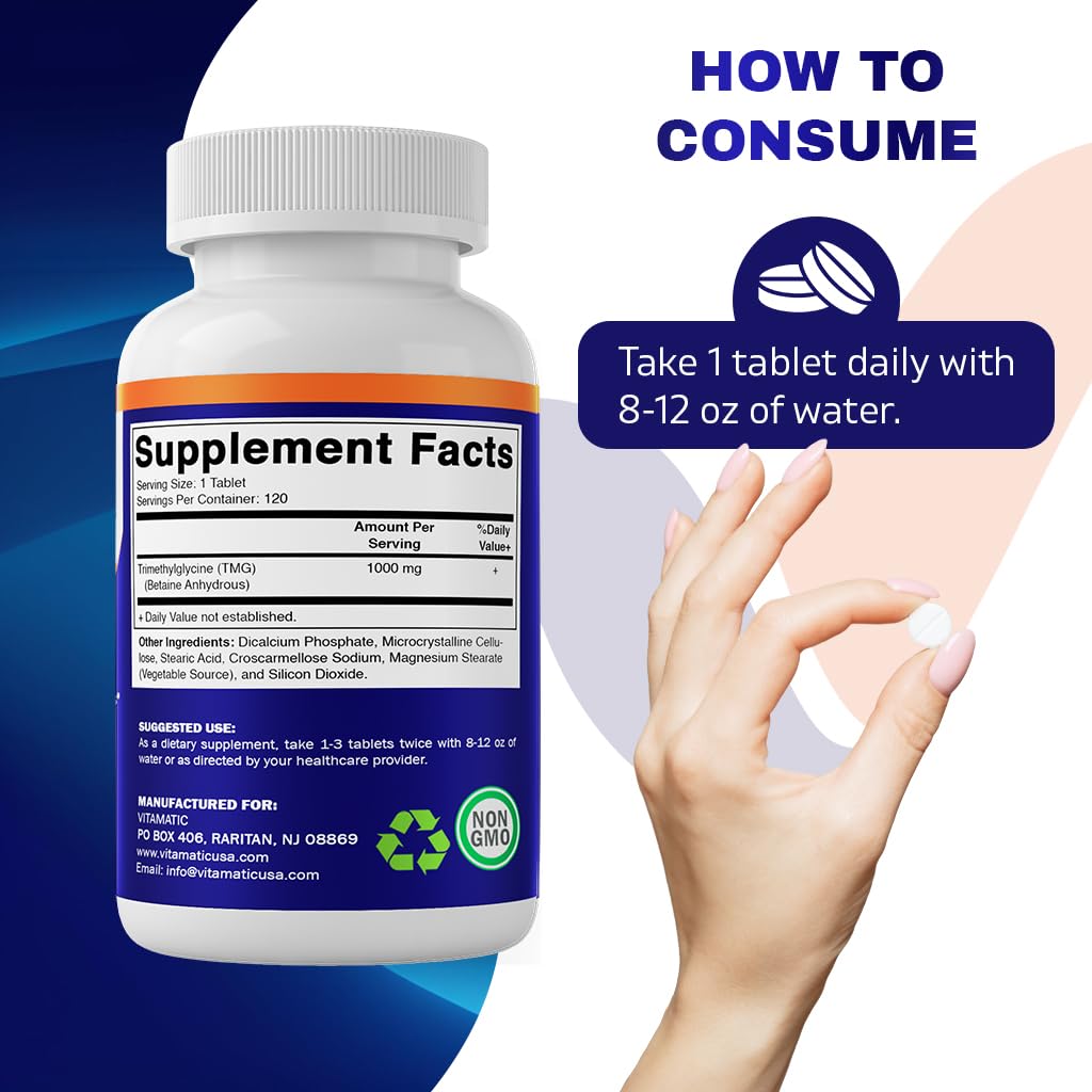 Vitamatic TMG 1000mg – Trimethylglycine (Betaine Anhydrous) – 120 Tablets, 2 Bottles – Non-GMO & Gluten Free