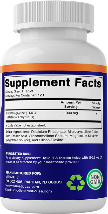 Vitamatic TMG 1000mg – Trimethylglycine (Betaine Anhydrous) – 120 Tablets, 2 Bottles – Non-GMO & Gluten Free