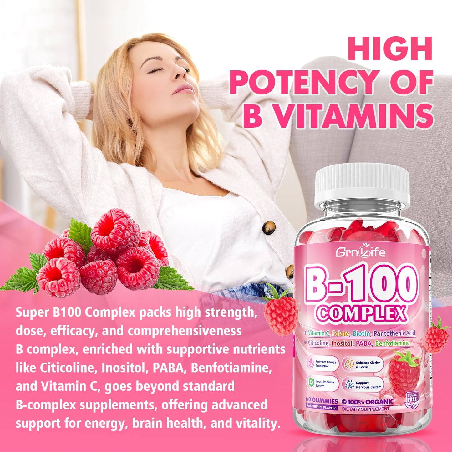 Vitamin B Complex Gummies – All B Vitamins + Methyl B12 | Energy & Immune Support | Raspberry Flavor (60 Count)
