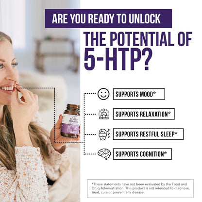Organic 5-HTP 200mg, 99% Purity, B6 & Lion's Mane – 60 Capsules