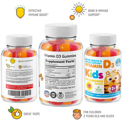 Vitamin D3 Gummies 2000 IU for Kids & Adults | High-Absorption Vegetarian D3 (60 Count)