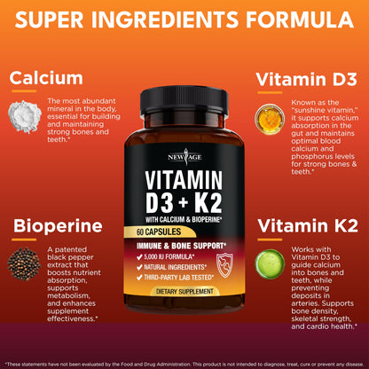Vitamin D3 5000 IU + K2 MK-7 100 mcg – 2-in-1 Bone, Immune & Heart Support