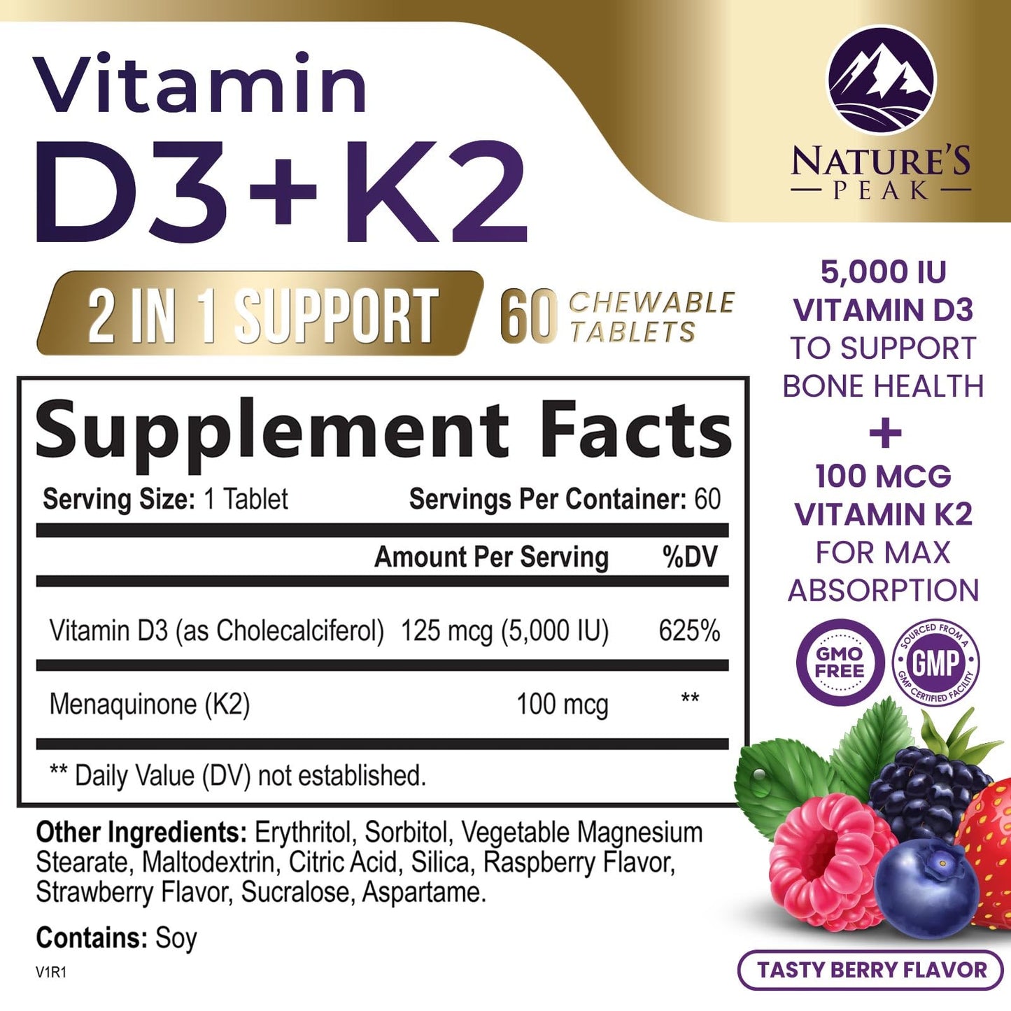 Vitamin D3 K2 5000 IU – Berry Chewables 60 Tablets | Immune, Bone & Heart Health | Gluten Free, Non-GMO, USA Bottled