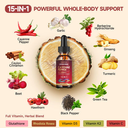 Liposomal Cayenne Pepper Liquid Drops – 15-in-1 Formula with D3, K2, Berberine for Circulation, Metabolism & Digestion | 1 fl oz
