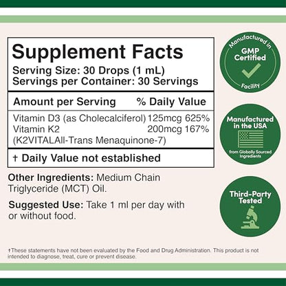 Vitamin D3 K2 Liquid Drops 5,000 IU | K2Vital MK-7 200 mcg | Double Wood